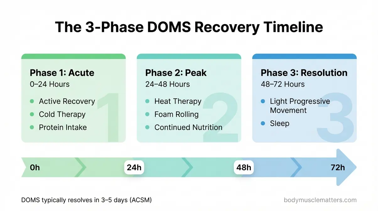 DOMS recovery timeline infographic showing three phases: Acute 0 to 24 hours, Peak 24 to 48 hours, Resolution 48 to 72 hours