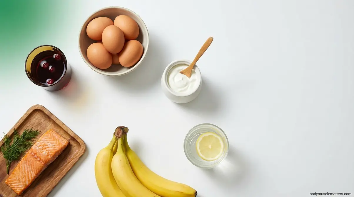 Muscle recovery foods including eggs, Greek yogurt, tart cherry juice, salmon, and bananas for sore muscle repair