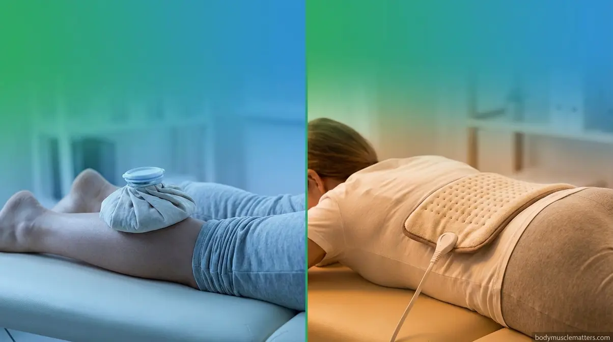 Cold ice pack and heat therapy pad side by side showing correct temperature therapy timing for sore muscles
