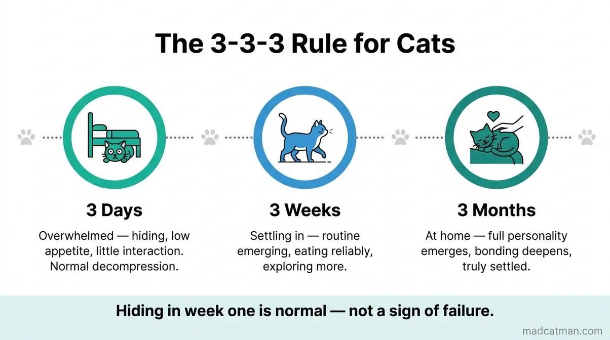 Diagram showing the 3-3-3 rule adjustment timeline for cats in a new home — 3 days, 3 weeks, 3 months
