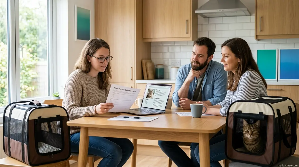 Cat owner reviewing screening questionnaire with potential adopters at a kitchen table