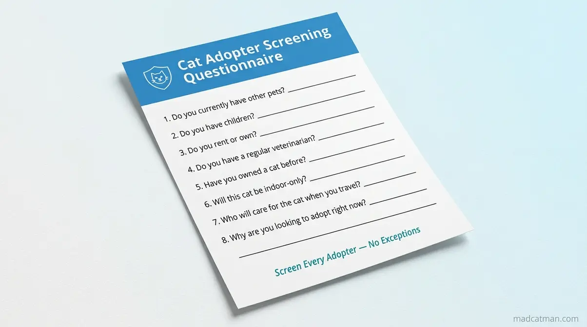 Printable cat adopter screening questionnaire with ten questions for responsible rehoming