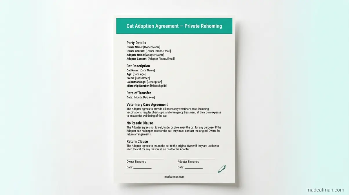 Printable cat adoption agreement template for private rehoming with standard contract clauses