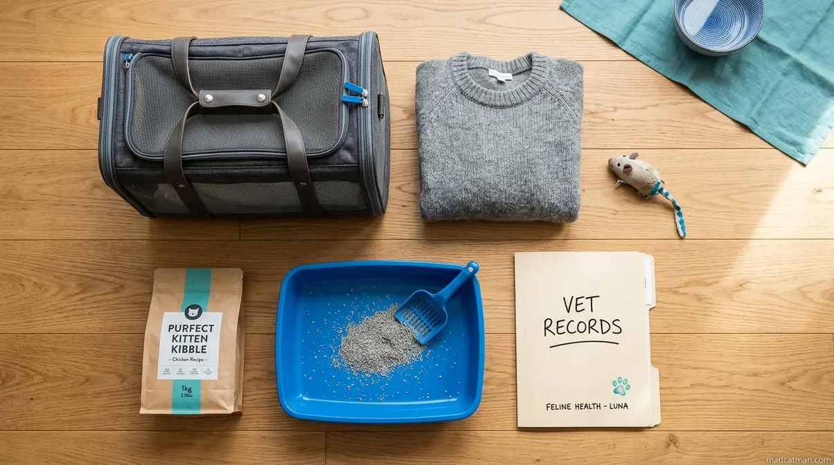 Cat handover kit laid out with carrier, familiar clothing, food, toys, and vet records