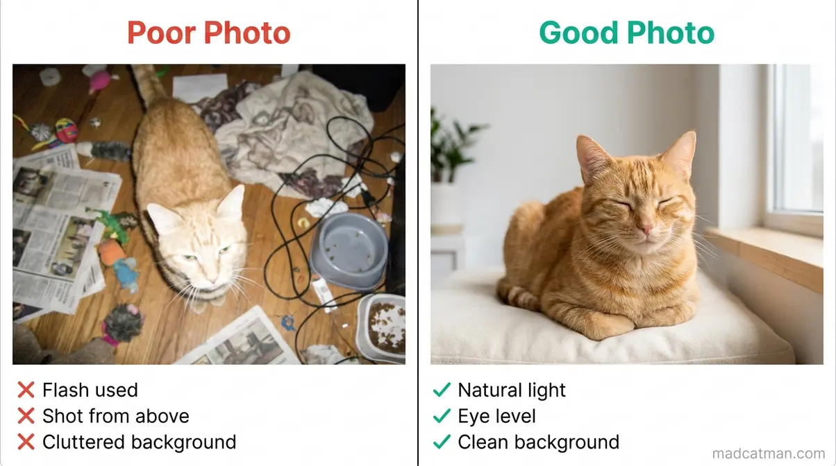 Side-by-side comparison of effective and ineffective cat rehoming photos showing lighting and angle differences