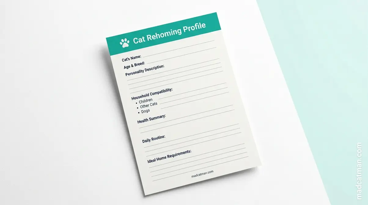 Printable cat rehoming profile template with fields for name, age, personality, and health history