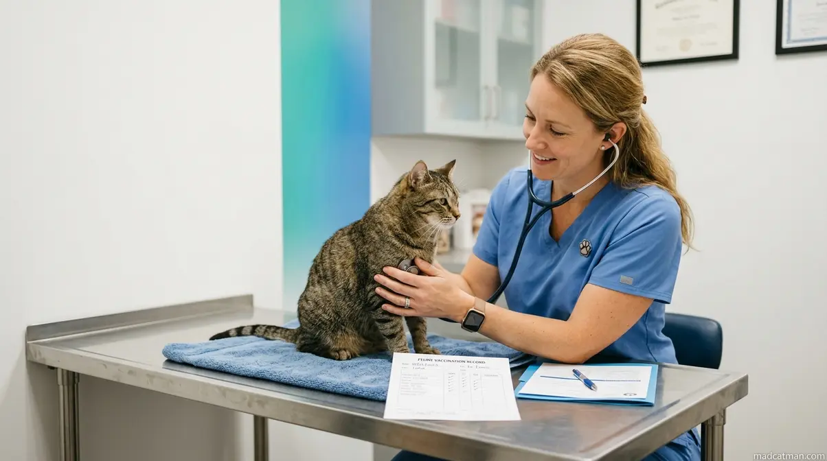 Veterinarian examining a tabby cat during a wellness check before rehoming