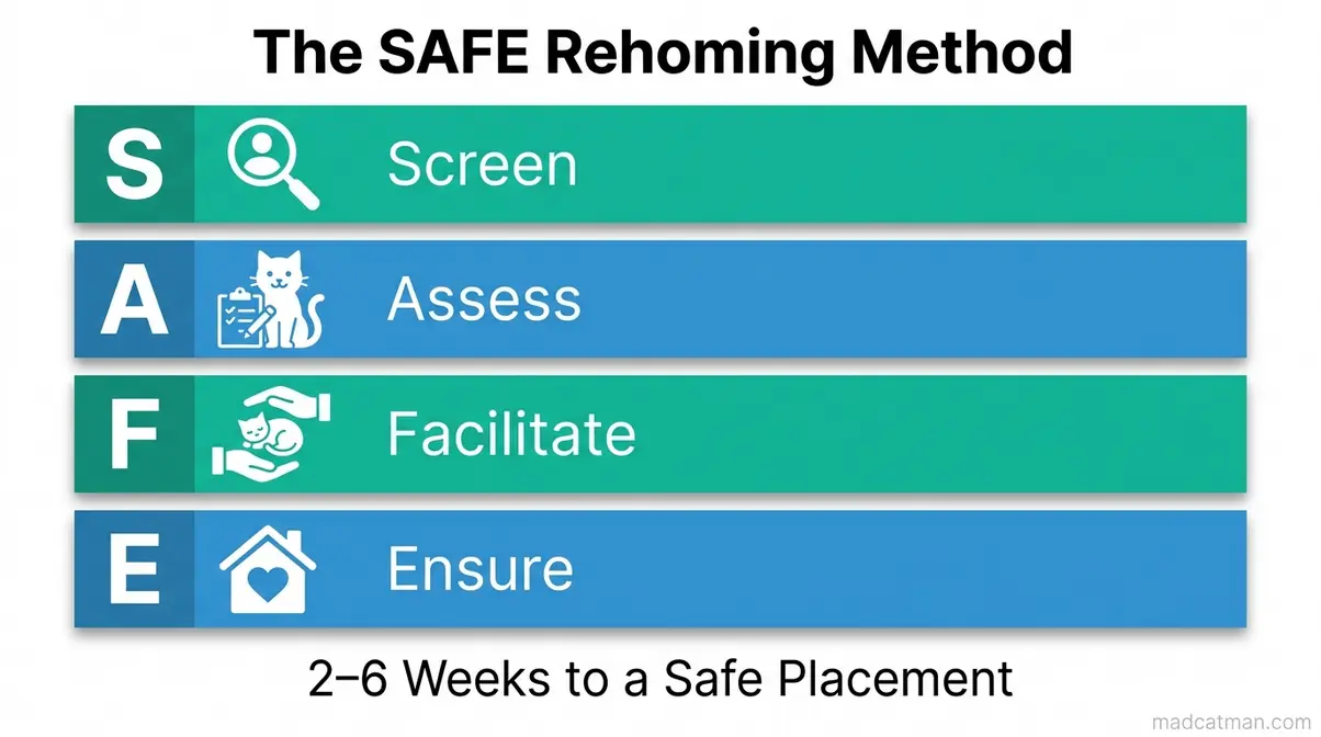 Infographic showing the four pillars of the SAFE Rehoming Method for responsibly rehoming a cat