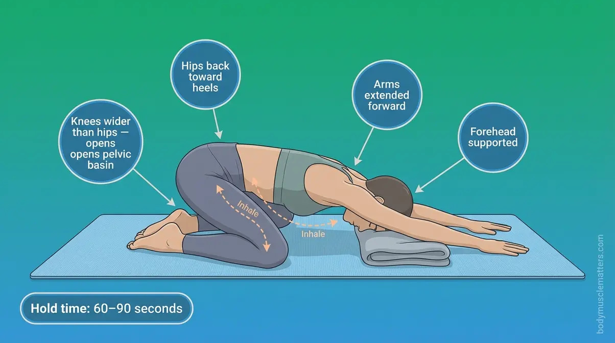Instructional illustration of Child's Pose with wide knees for pelvic floor relaxation showing correct positioning and breath