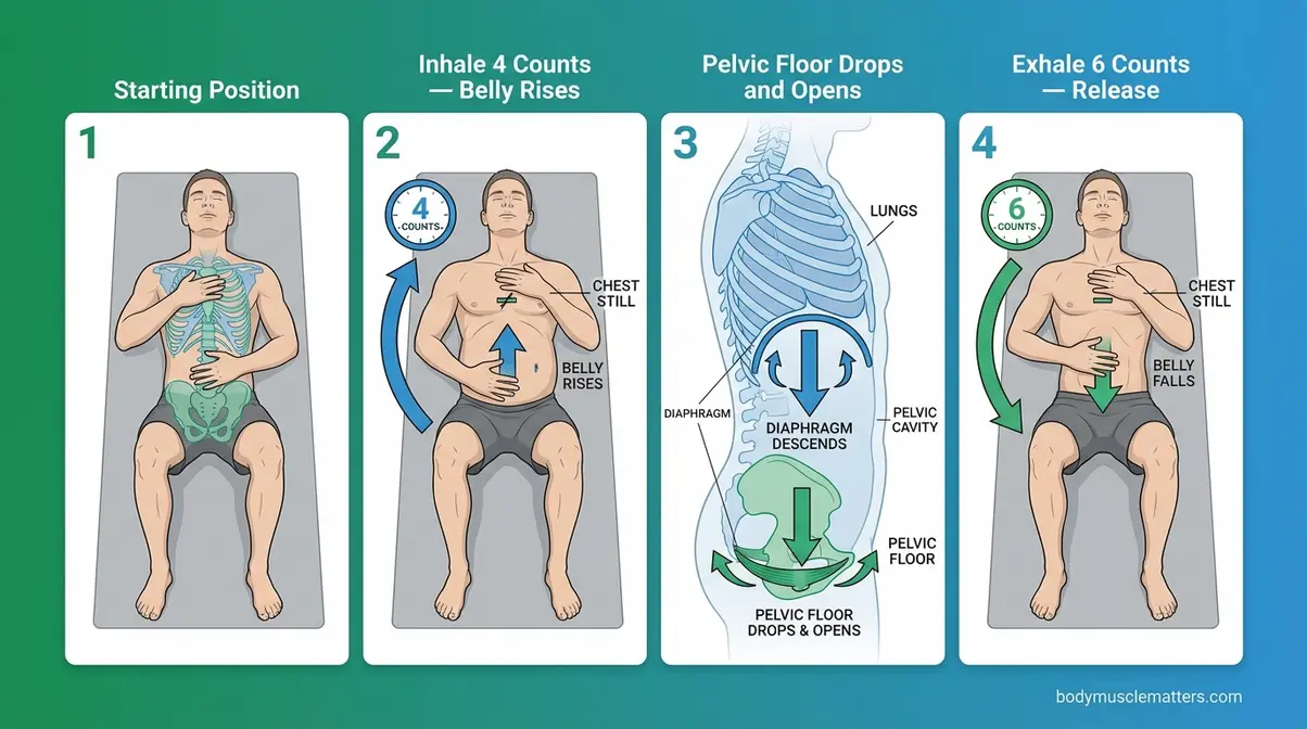 Step-by-step diagram showing diaphragmatic breathing technique to relax pelvic floor muscles with belly rise arrows