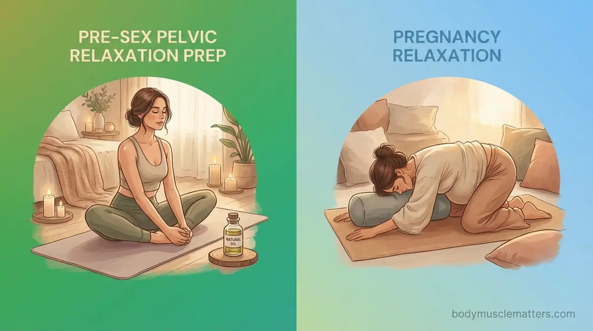 Illustration of female-specific pelvic floor relaxation techniques including pre-intimacy pose and prenatal Child's Pose