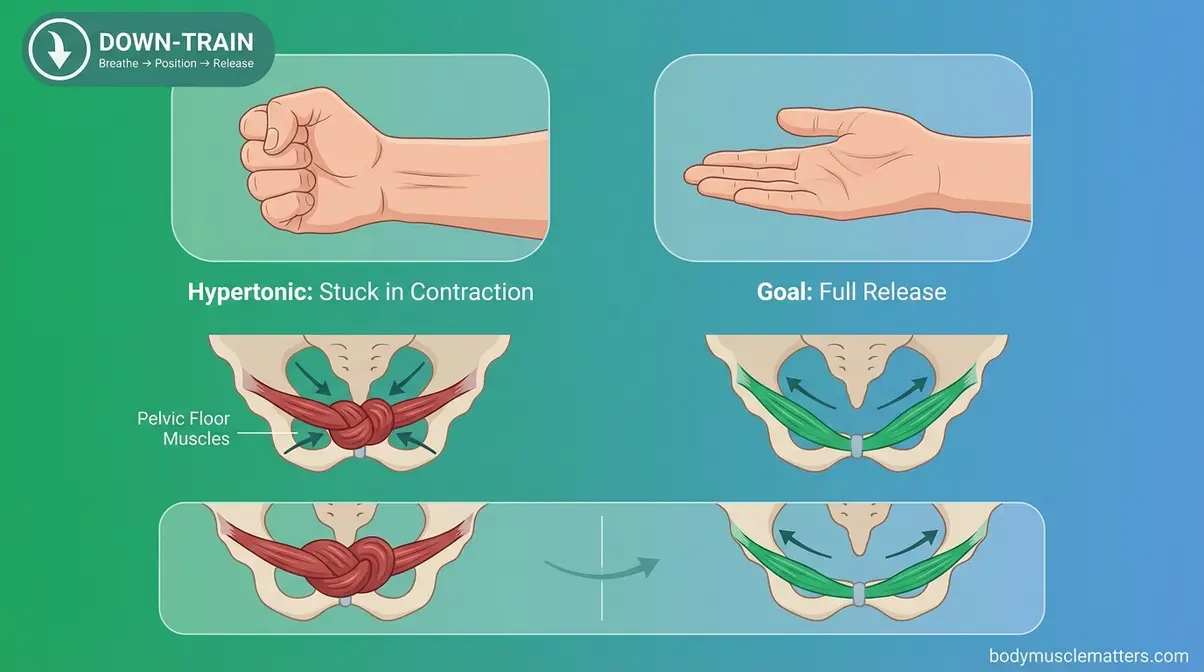 Concept illustration showing hypertonic pelvic floor chronic contraction compared to healthy relaxed pelvic floor state