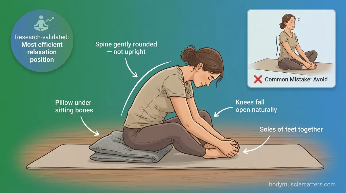 Illustrated guide showing correct Modified Butterfly Pose with pillow support under sitting bones to relax pelvic floor muscles