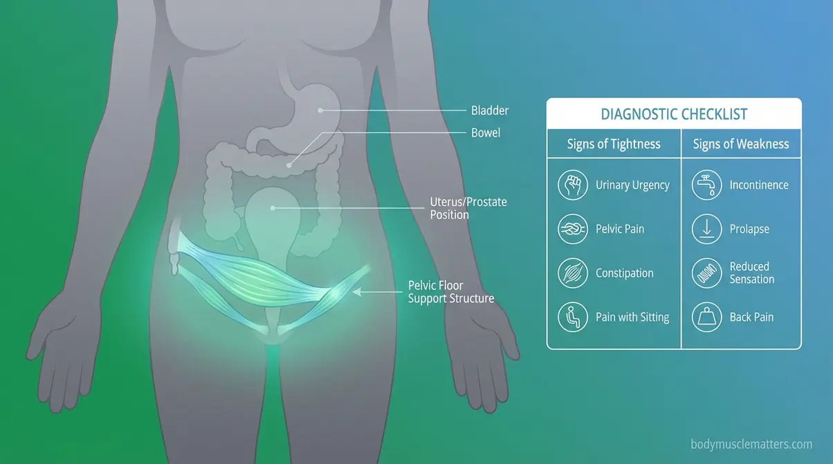 Clinical illustration showing pelvic floor muscle anatomy and how to assess if pelvic floor is tight or weak