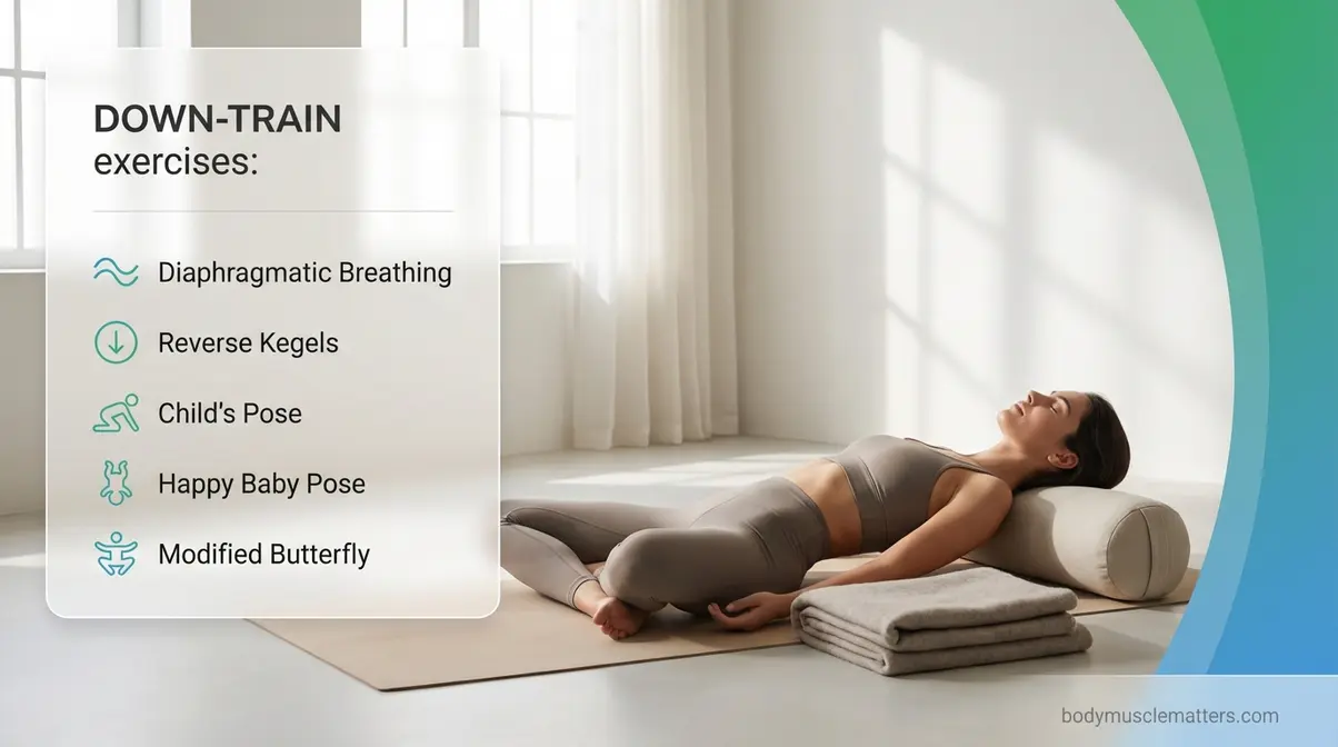 Woman prepared on yoga mat for pelvic floor relaxation exercises showing the five-step DOWN-TRAIN Protocol at home