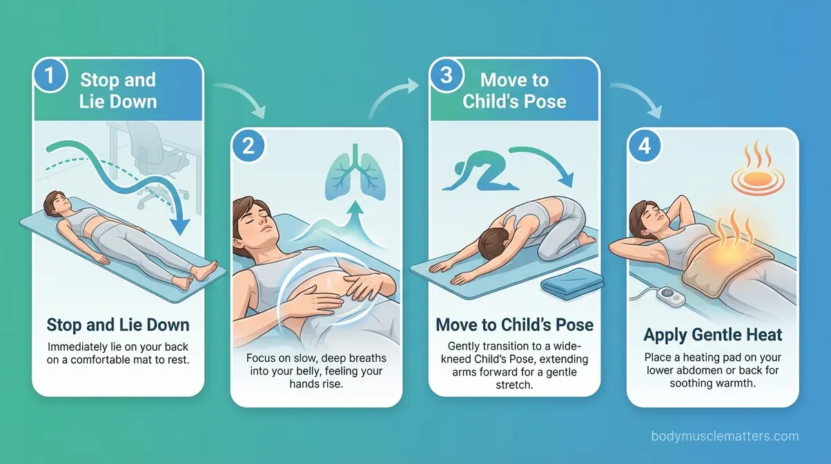 Four-step illustrated guide showing how to calm pelvic floor spasms with breathing, Child's Pose, and gentle heat