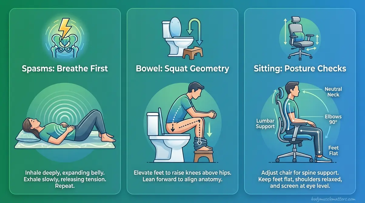 Three-panel illustration showing targeted pelvic floor relief techniques for spasms, bowel movements, and prolonged sitting
