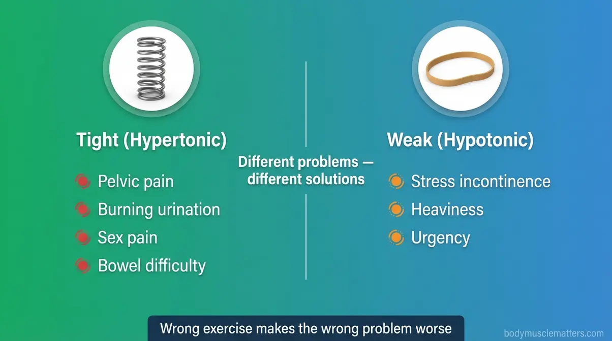 Comparison visual showing symptoms of tight hypertonic pelvic floor versus weak hypotonic pelvic floor for accurate self-diagnosis