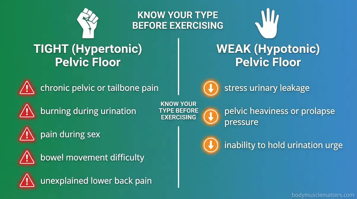 Infographic comparing hypertonic tight pelvic floor symptoms versus weak pelvic floor symptoms for self-diagnosis