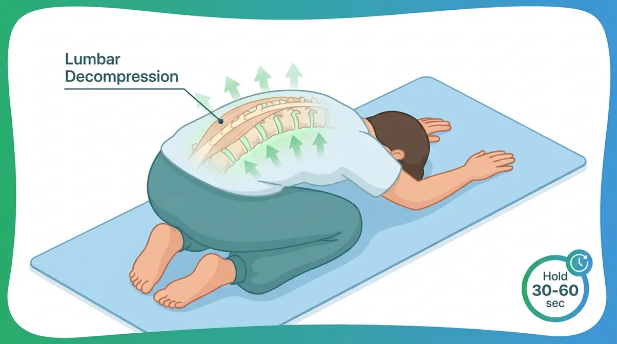 Child's Pose illustration showing lumbar spine decompression arrows for lower back muscle relief