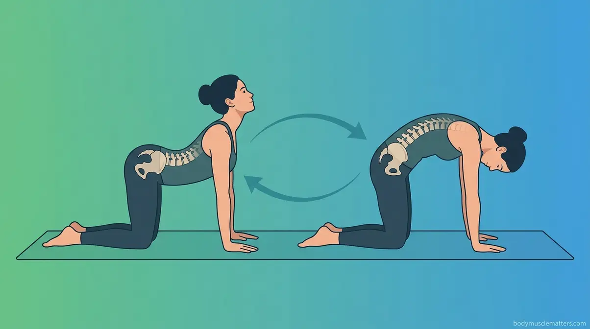 Cat-Cow stretch illustration showing spinal flexion and extension sequence for lower back flexibility