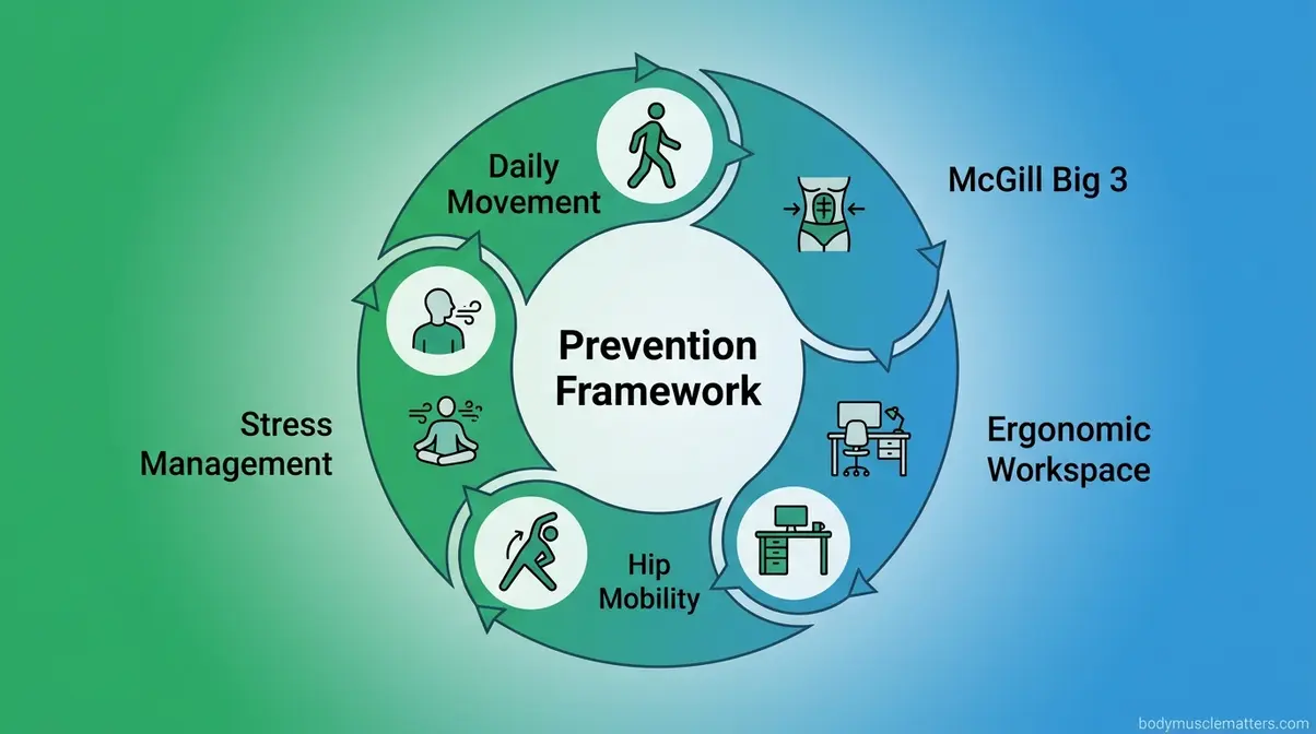 Five pillars of lower back tightness prevention illustrated as a cycle showing daily movement, core stability, ergonomics, hip mobility, and stress management