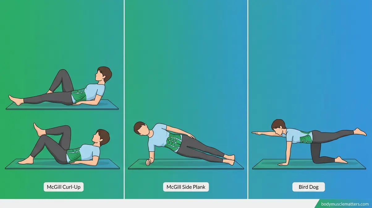 McGill Big 3 exercises illustration showing Curl-Up, Side Plank, and Bird Dog for spinal stabilization