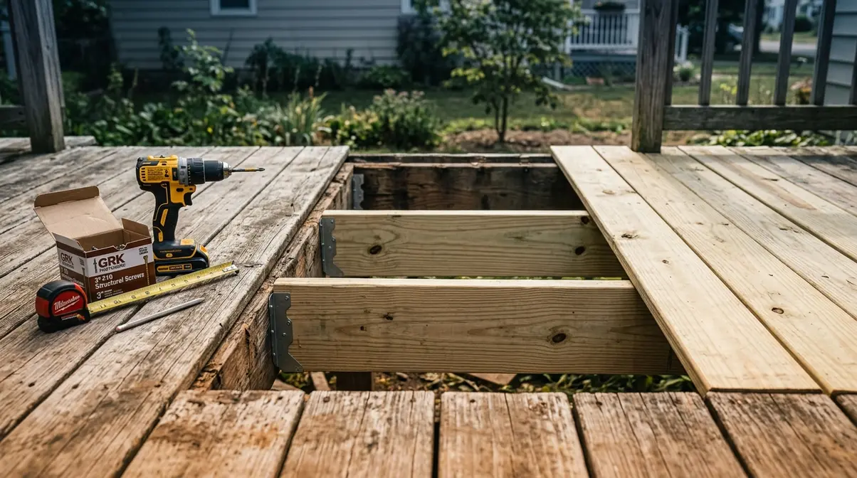 How to Remove a Hot Tub From a Deck: DIY Guide 7 Deck repair after hot tub removal showing sistered joists new decking boards and restoration in progress