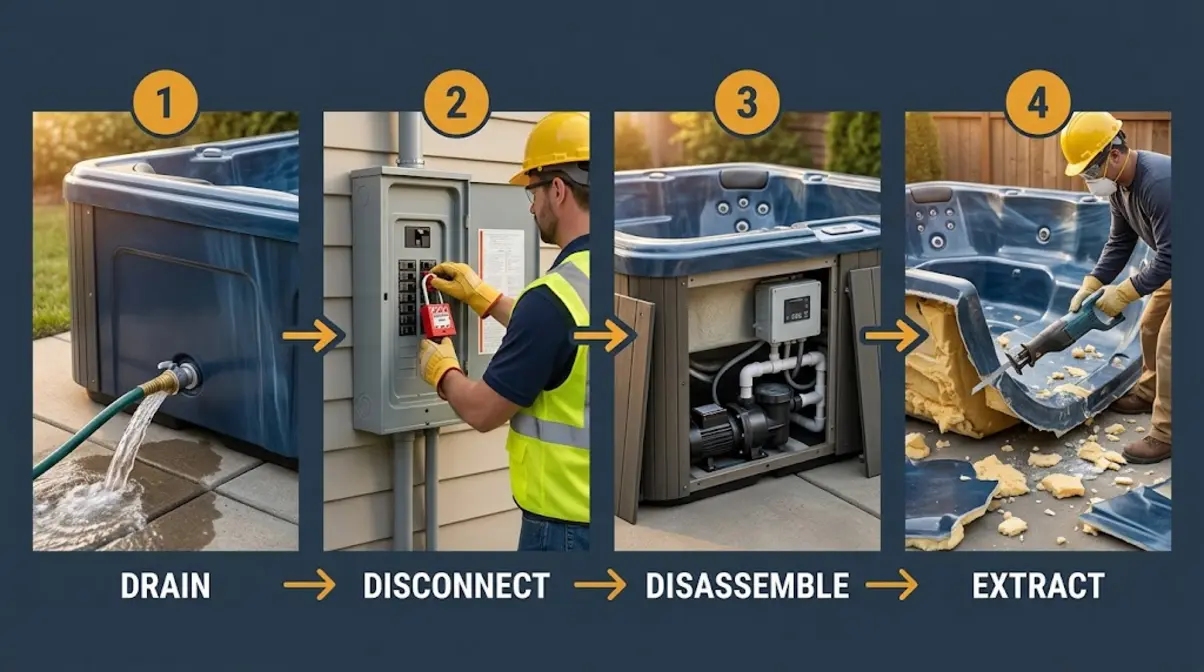 How to Remove a Hot Tub From a Deck: DIY Guide 5 Hot tub deck removal step-by-step sequence showing drain disconnect disassemble and extract stages