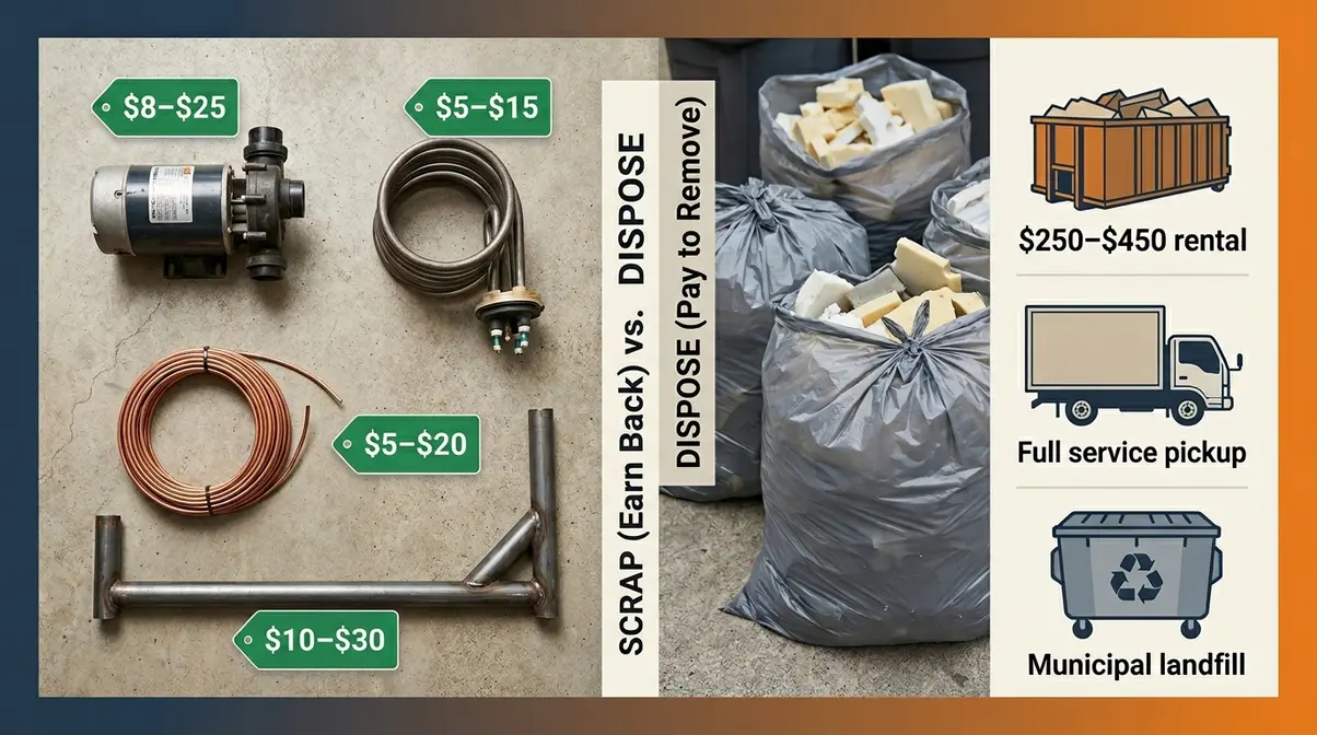 How to Remove a Hot Tub From a Deck: DIY Guide 8 Hot tub disposal options showing scrap value components and disposal methods with cost estimates