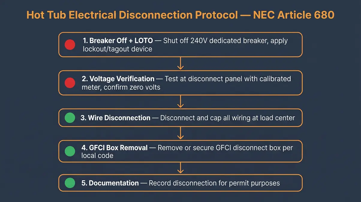 How to Remove a Hot Tub From a Deck: DIY Guide 3 NEC Article 680 compliant hot tub electrical disconnection protocol five-step flowchart diagram