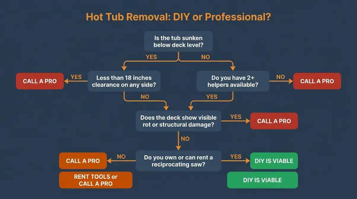 How to Remove a Hot Tub From a Deck: DIY Guide 6 Hot tub removal DIY vs professional decision flowchart with branching questions and recommendations