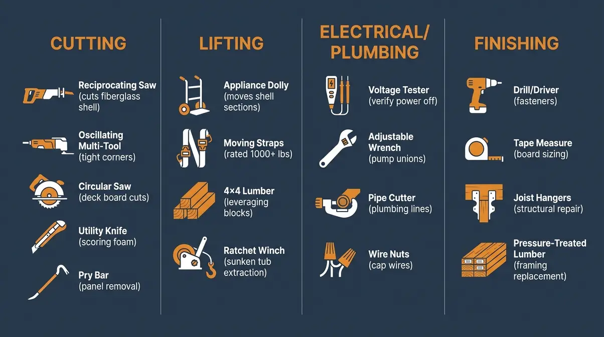 How to Remove a Hot Tub From a Deck: DIY Guide 2 Tool checklist infographic for how to remove a hot tub from a deck with four categories