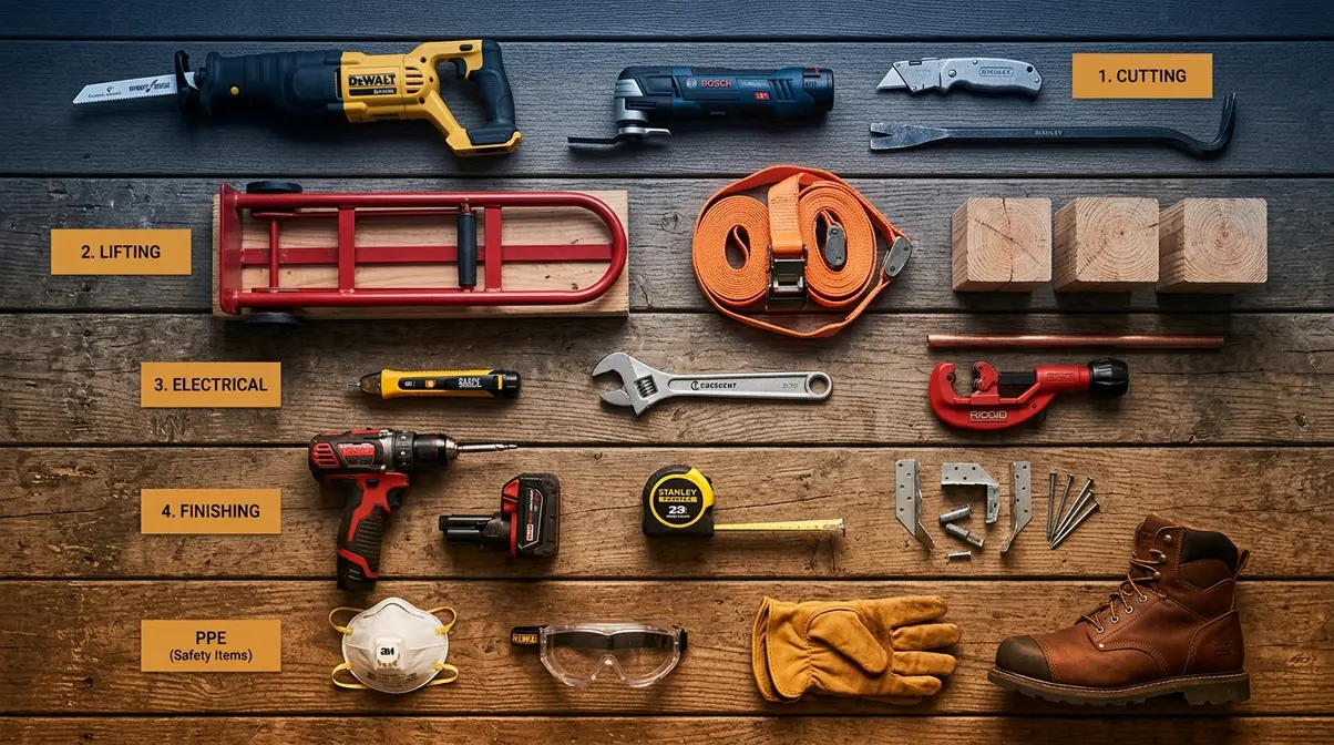 How to Remove a Hot Tub From a Deck: DIY Guide 1 Tools and safety gear laid out for hot tub deck removal including reciprocating saw PPE and lifting straps