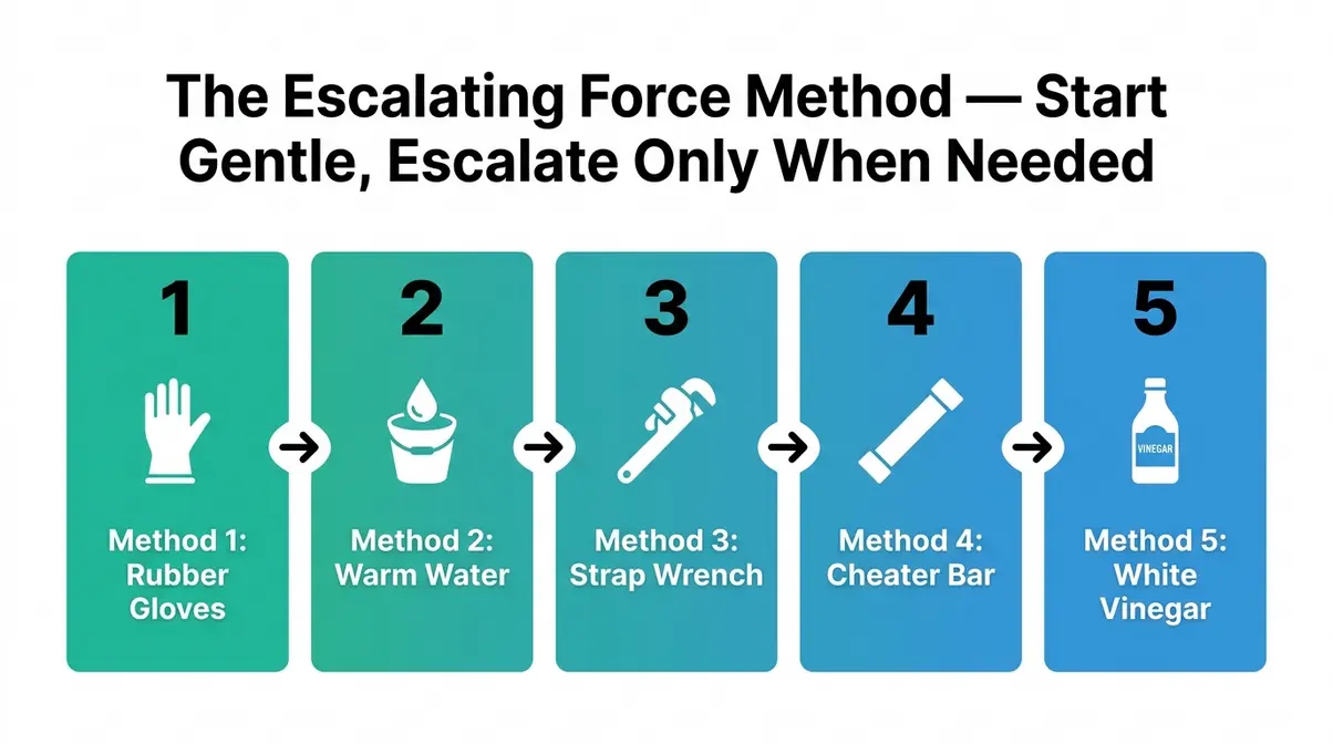 How to Remove a Stuck Hot Tub Filter: 5 Easy Methods 5 Five-step Escalating Force Method diagram for removing a stuck hot tub filter from rubber gloves to white vinegar