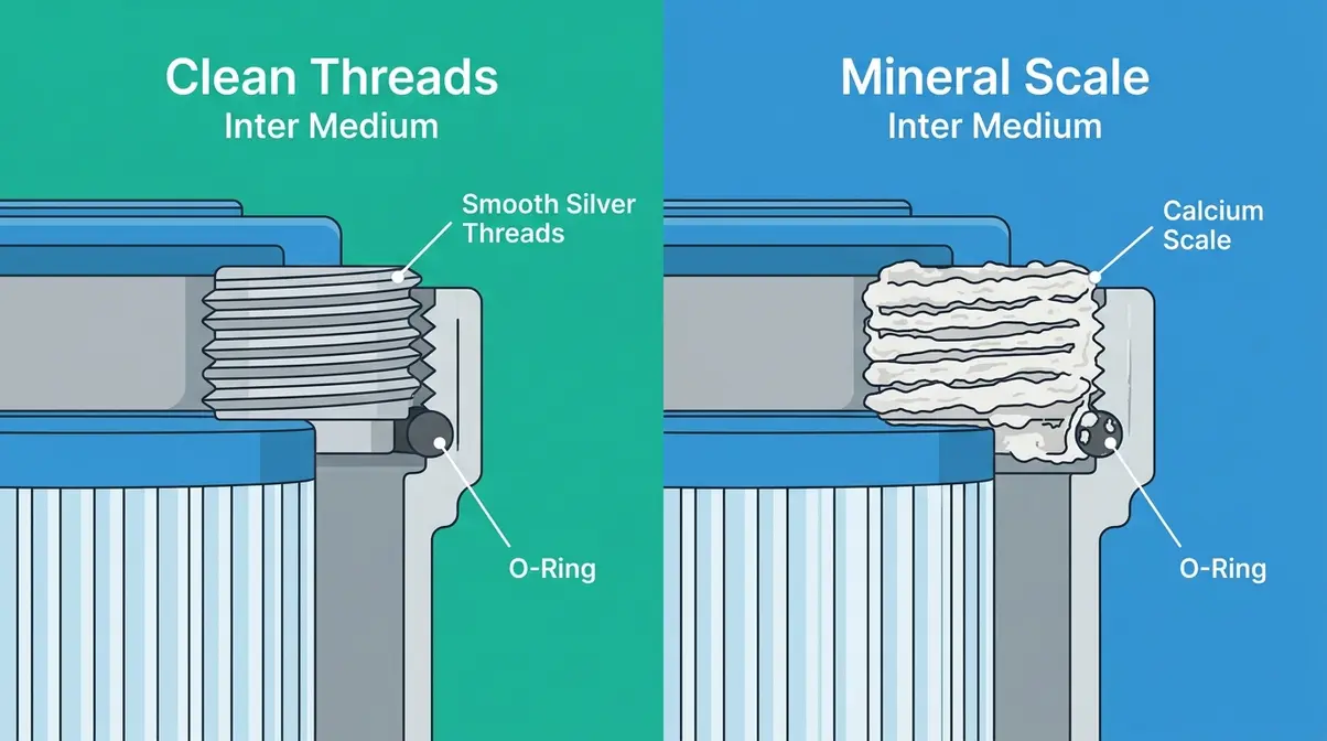 How to Remove a Stuck Hot Tub Filter: 5 Easy Methods 1 Cross-section diagram comparing clean hot tub filter threads versus mineral scale buildup causing a stuck filter