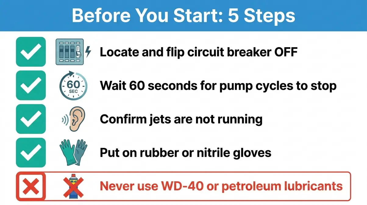 How to Remove a Stuck Hot Tub Filter: 5 Easy Methods 4 Safety checklist for removing a stuck hot tub filter showing circuit breaker shutoff and banned lubricants