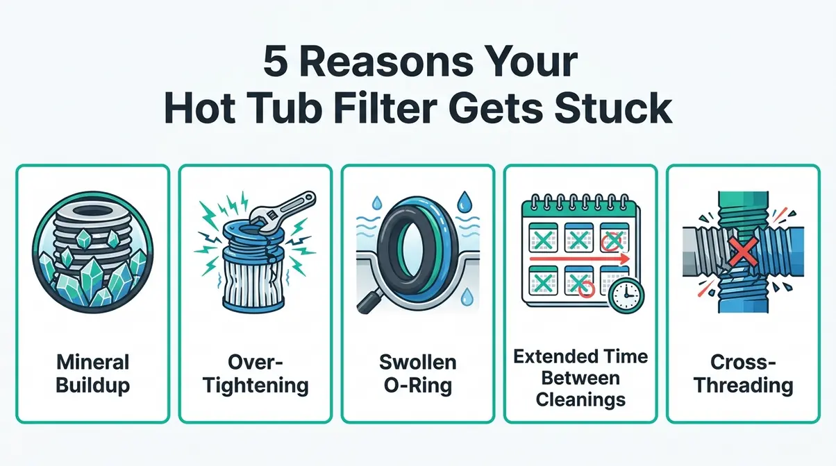 How to Remove a Stuck Hot Tub Filter: 5 Easy Methods 2 Diagram of five common reasons a hot tub filter gets stuck, including mineral scale and O-ring swelling