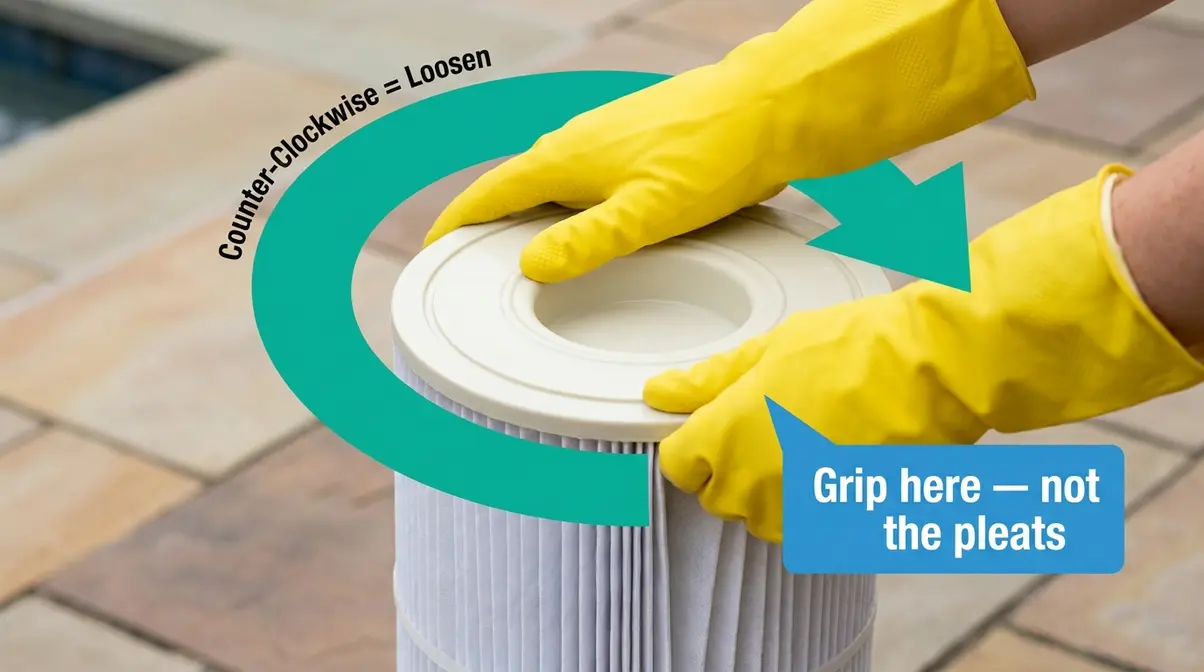 How to Remove a Stuck Hot Tub Filter: 5 Easy Methods 6 Rubber-gloved hands gripping a hot tub filter with counter-clockwise rotation arrow for the Escalating Force Method