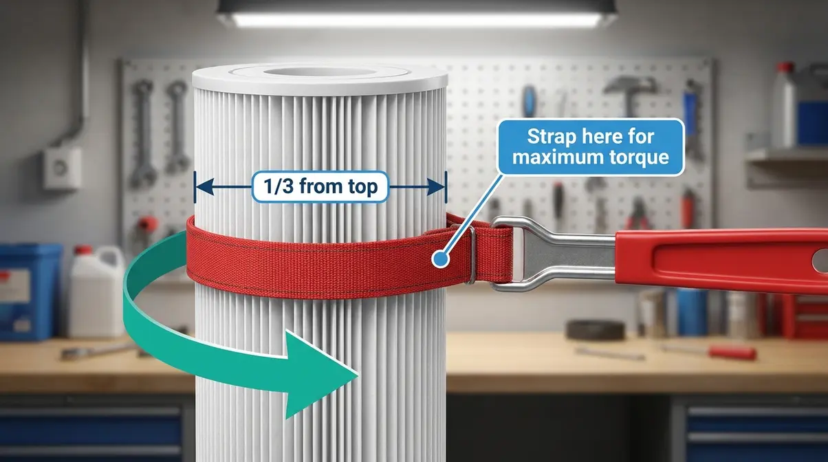 How to Remove a Stuck Hot Tub Filter: 5 Easy Methods 7 Strap wrench correctly positioned on a hot tub filter for safe counter-clockwise removal