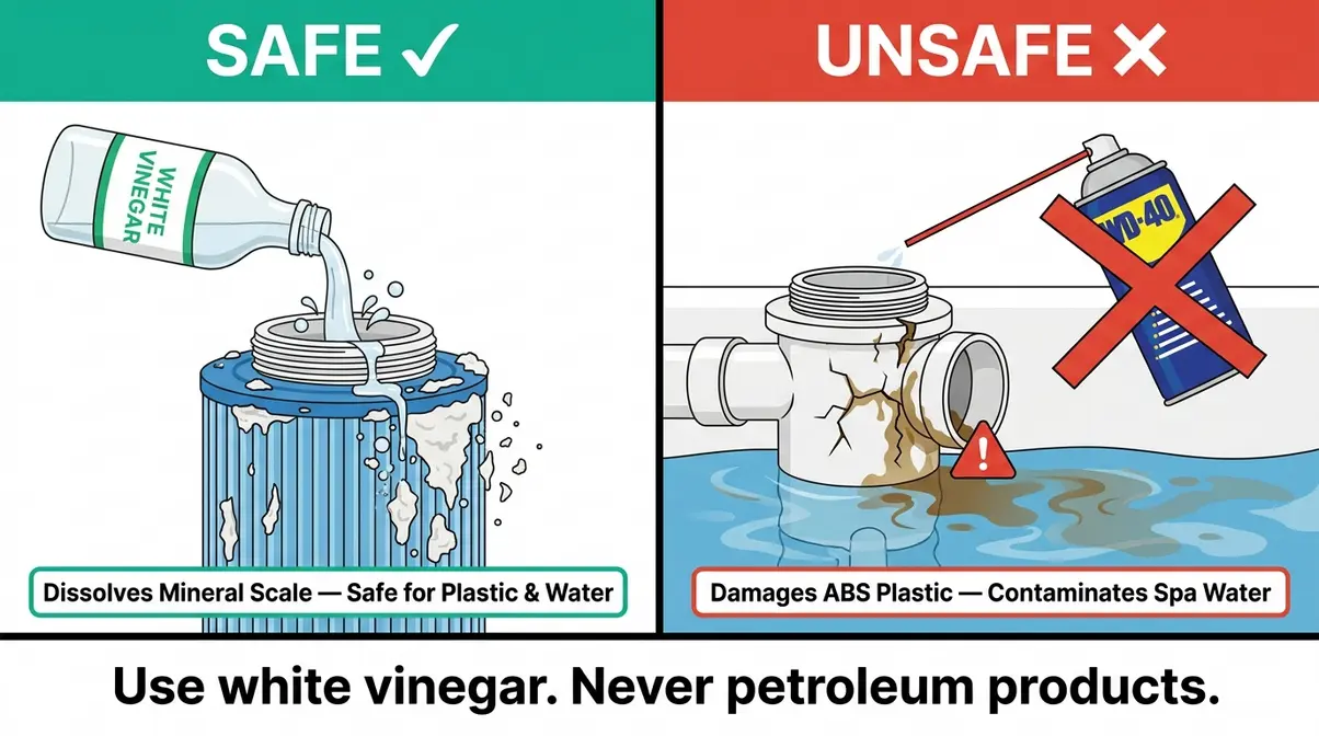 How to Remove a Stuck Hot Tub Filter: 5 Easy Methods 8 Comparison illustration showing white vinegar as safe vs. WD-40 as unsafe for dissolving hot tub filter mineral buildup