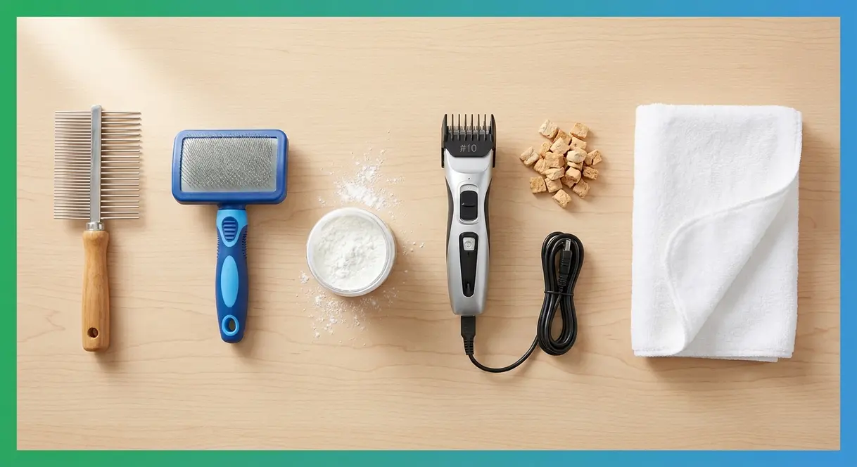 Cat mat removal toolkit including dematting comb, cornstarch, clippers, and treats