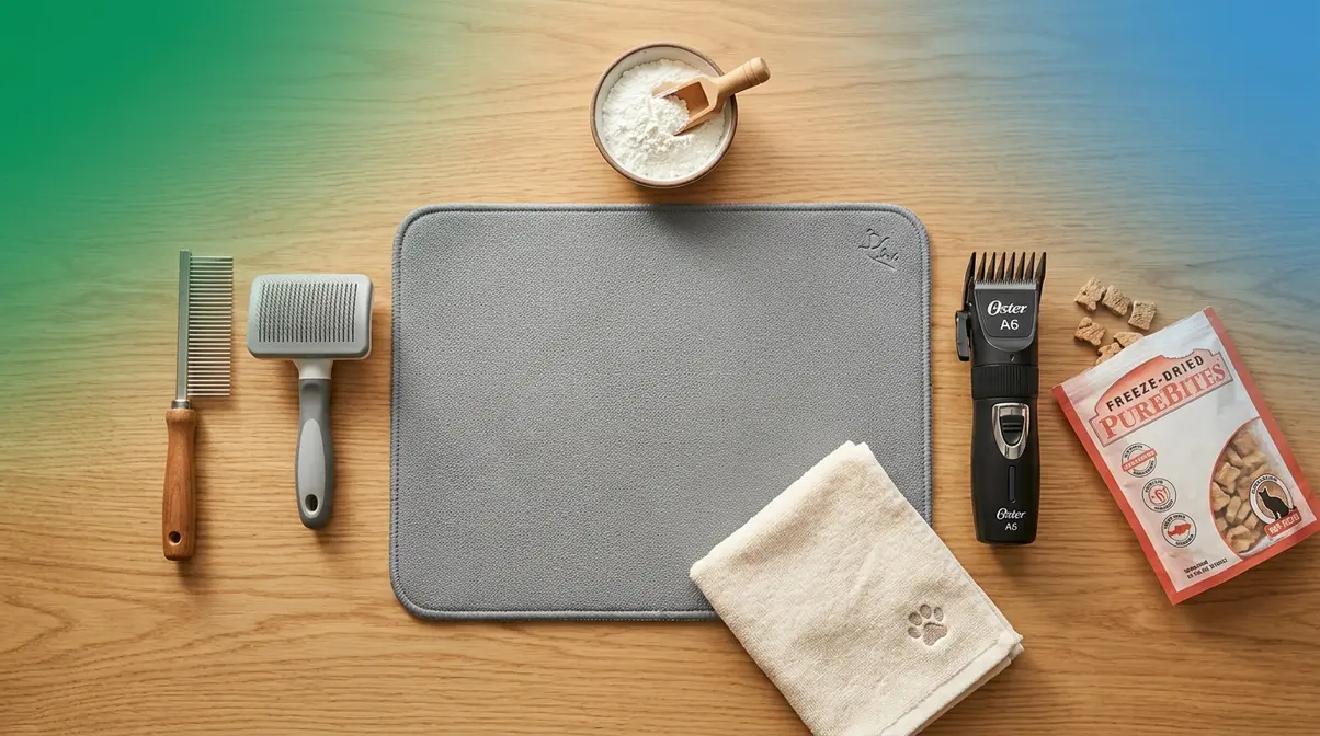 Cat mat removal tools laid out including dematting comb, cornstarch, clippers, and treats before grooming