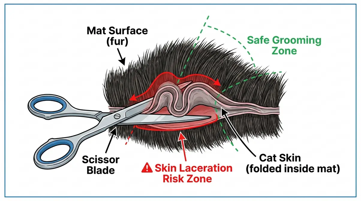 Diagram showing cat skin folded inside a mat, illustrating why scissors cause injuries during cat mat removal