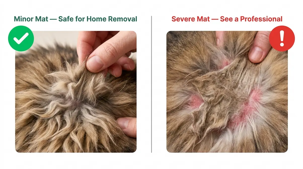 Comparison of minor cat mat vs severe pelted mat close to the skin