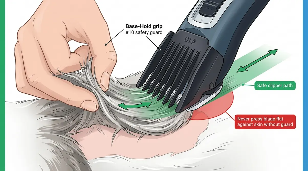 Pet clippers with number ten guard safely removing dense cat mat using Base-Hold grip technique