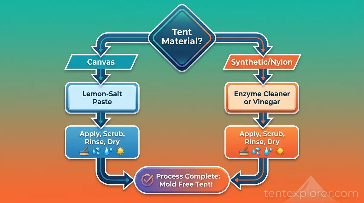 flowchart to identify tent material and choose the right mould removal method for canvas or nylon tents