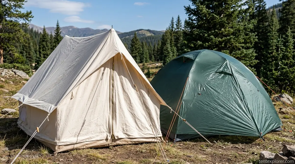 Comparison of natural canvas and synthetic nylon tent fabrics outdoors