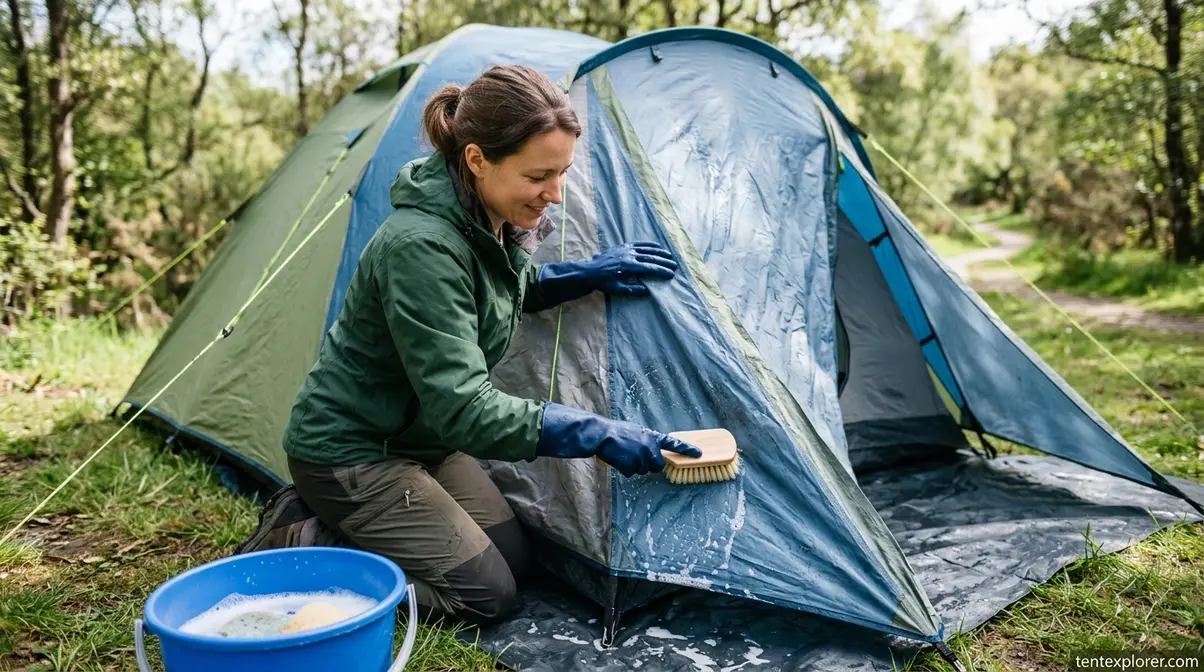 Gently scrubbing dead mould stains from tent fabric with a soft brush