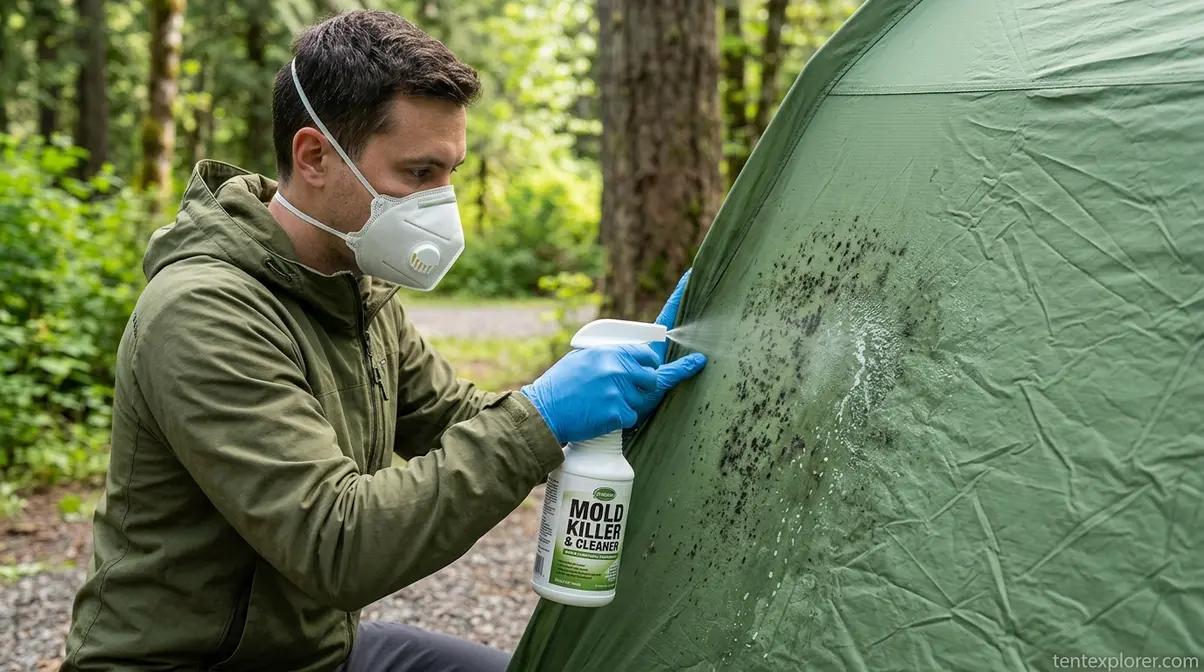 Person wearing protective gear spraying spore-killing solution on a mouldy tent